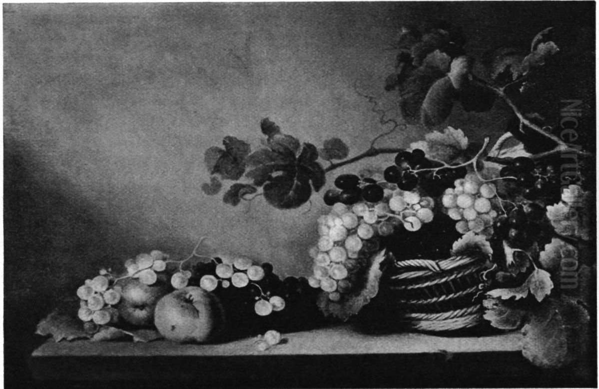 Still life with grapes falling out of an upturned basket on a table Oil Painting by Roelof Koets