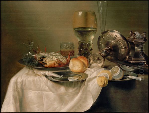 Stillleben mit Glasern, umgesturzter Silberschale und Salzbehalter Oil Painting by Willem Claesz. Heda
