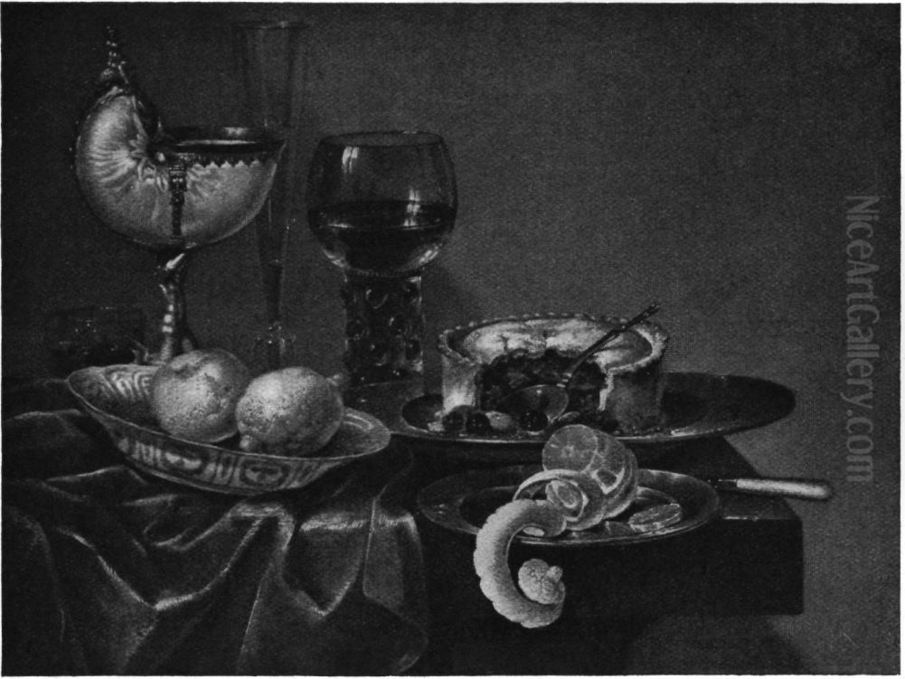 Still life with nautilus cup and pie Oil Painting by Gerret Willemsz Heda