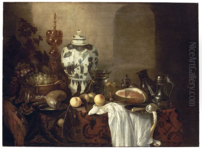 Still life with Ming vase, two goblets, pewter vessels and fruit Oil Painting by Cornelis Kruys