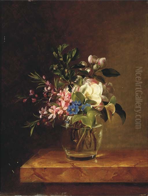 Springblossom in a glass on a marble ledge. Oil Painting by Hanne Hellesen