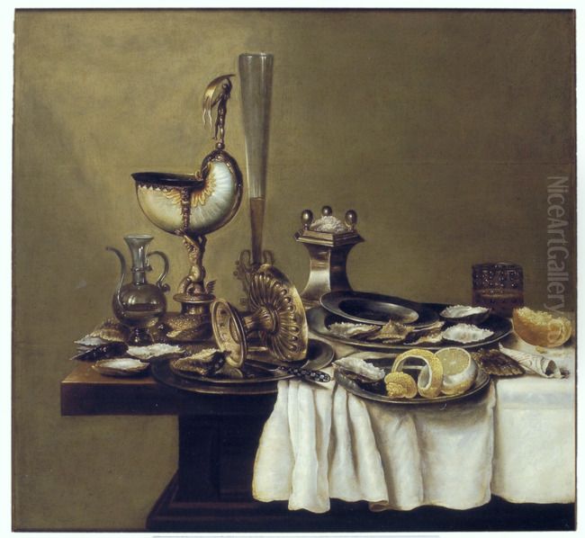 Stilleven met een nautilusbeker, een tazza en een fluitglas Oil Painting by Willem Claesz. Heda