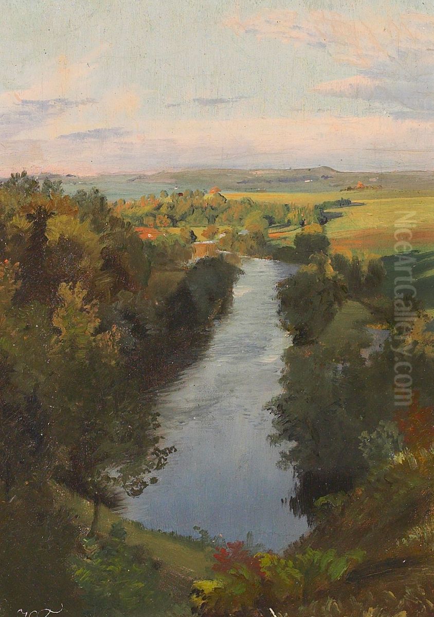 View of a valley with a stream. Oil Painting by Hans Friis