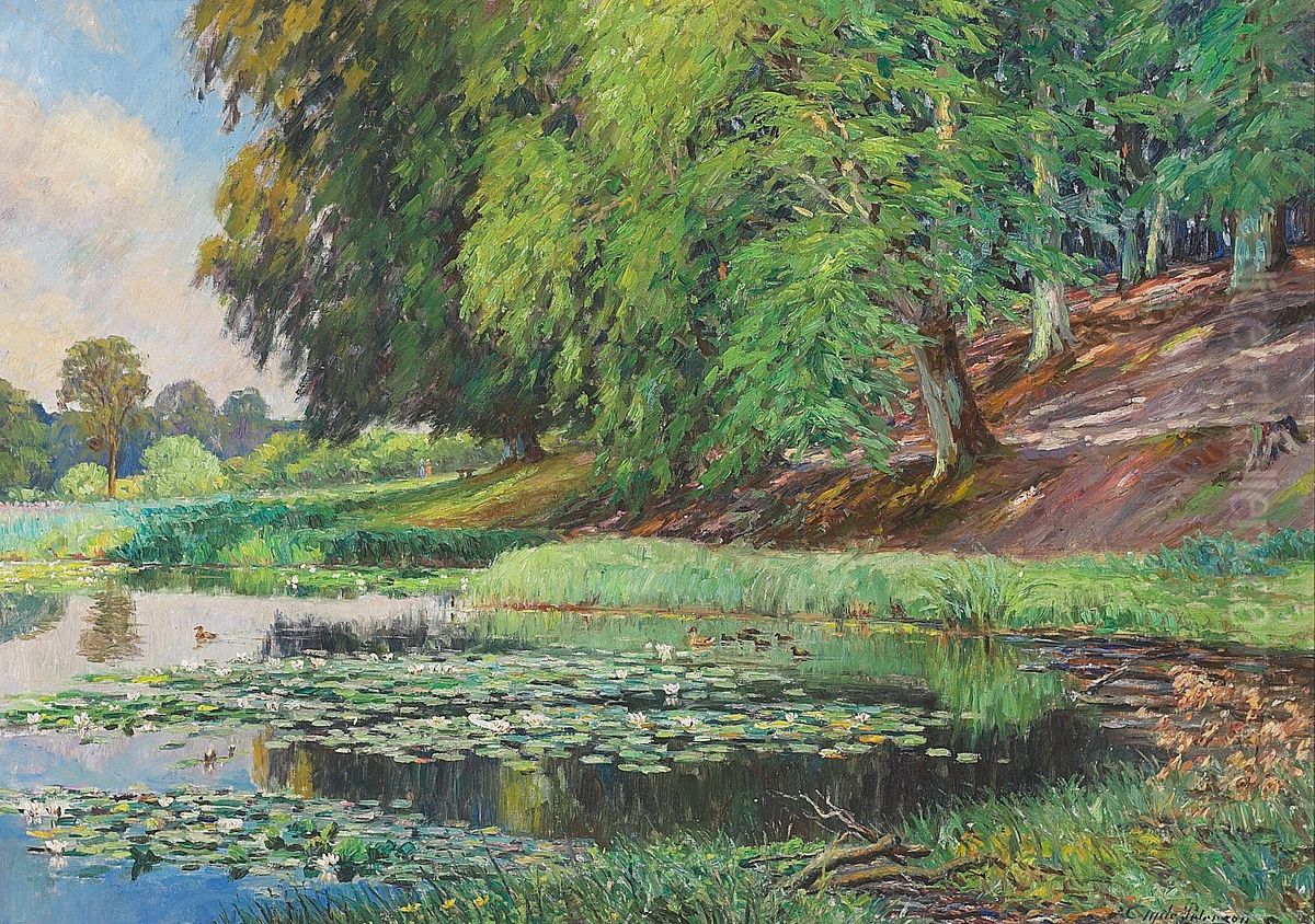 Forest scene with a pond and some water-lilies. Oil Painting by Hans Gyde Petersen