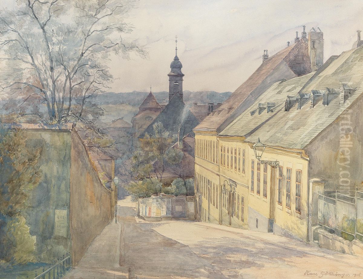 A view of Diesterweggasse and St. Rochus chapel in Penzing Oil Painting by Hans Gotzinger