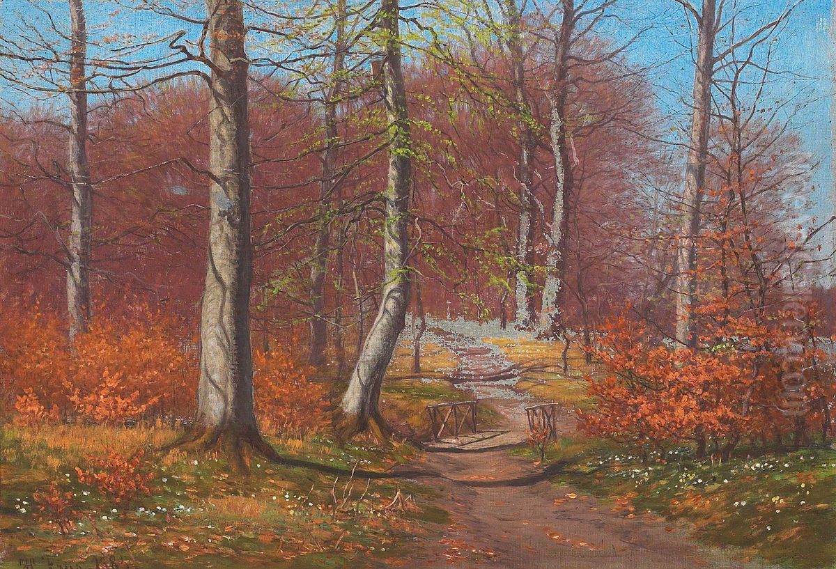 View of forest and bridge. Oil Painting by Hans Friis