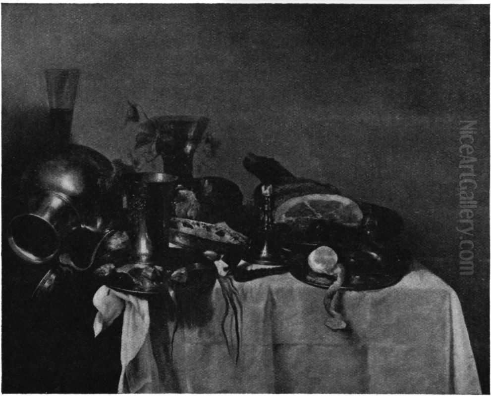 Still life with ham and tableware Oil Painting by Jan Jansz Den Uyl