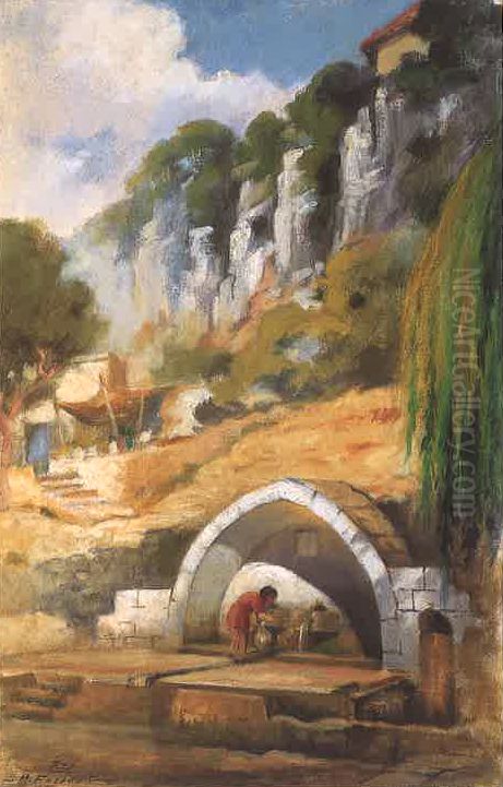 Source A L' Entree De Bikfaya. Oil Painting by Moustafa Farroukh