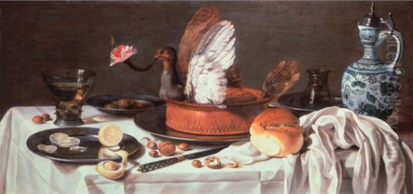 Still Life with Pigeon Pie and Delftware Jug Oil Painting by Pieter Claesz