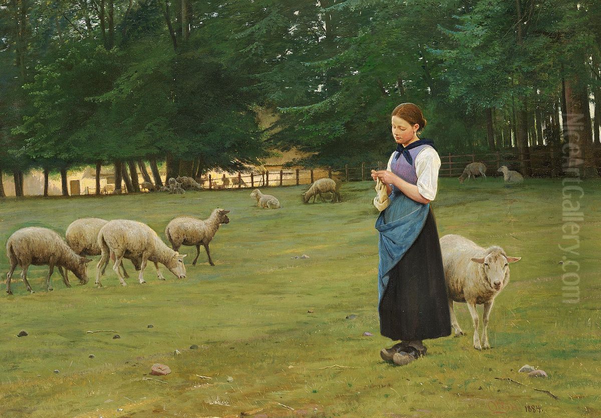 A young girl herding sheep. Oil Painting by Otto Carl Bentzon Haslund