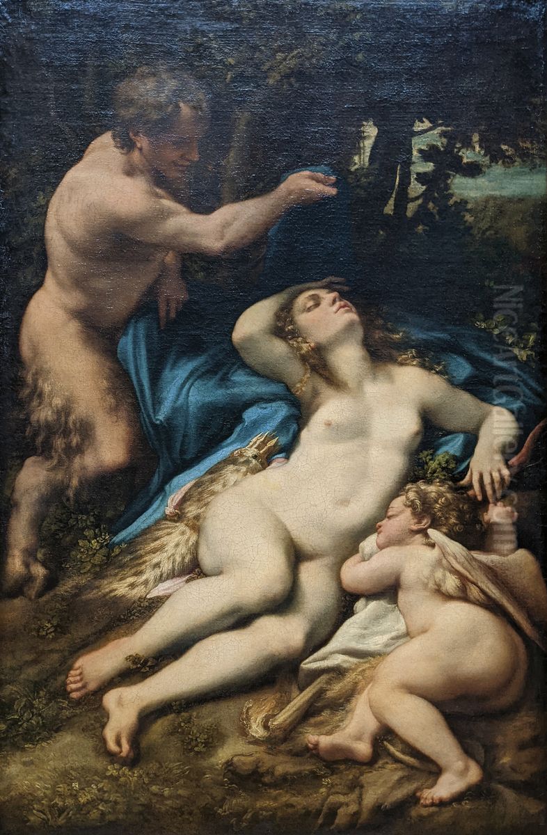 Venus and Cupid with a Satyr Oil Painting by Antonio da Correggio