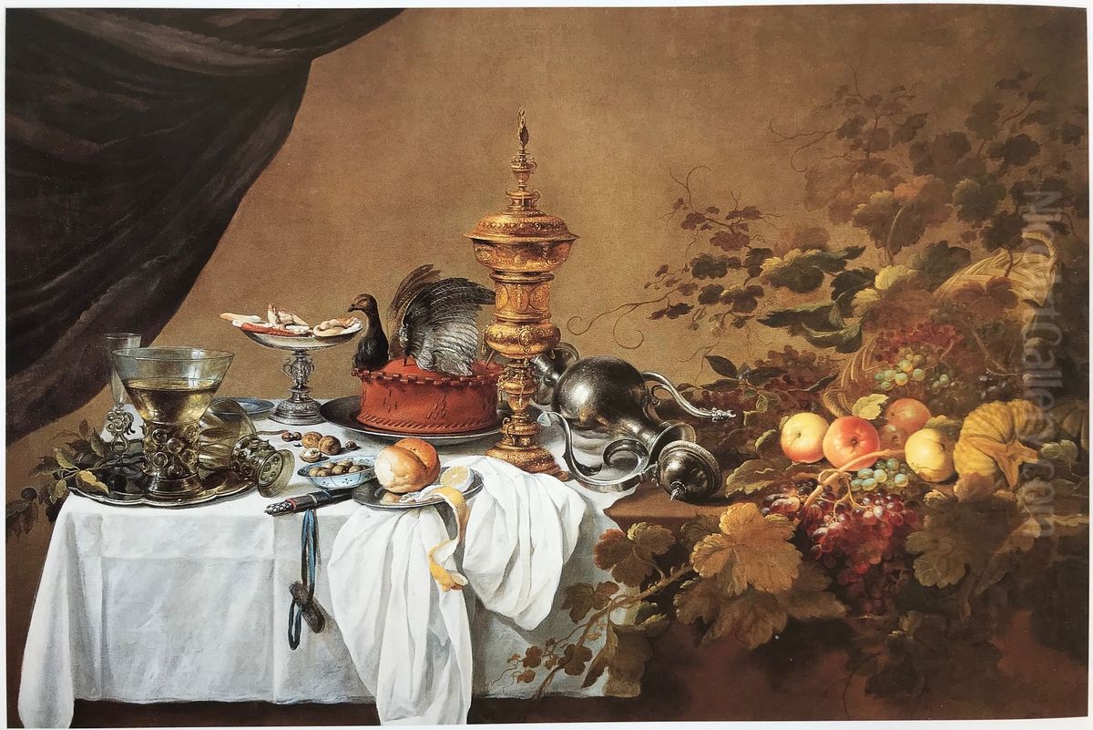 Pronkstilleven met vergulde dekselbokaal, omgvalleen kan, kalkoenpastei, tazza, grote zilveren schotel met glazen, vruchten, en wingerdranken Oil Painting by Pieter Claesz
