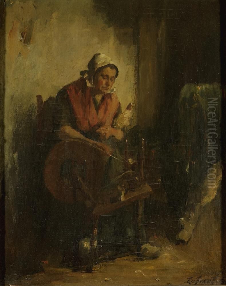 Aan het spinnewiel Oil Painting by Eduard Frankfort
