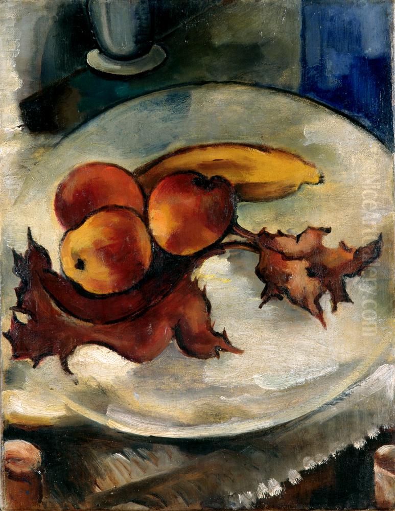 Fruitschaal met drie appels, banaan en herfstbladeren Oil Painting by Else Berg