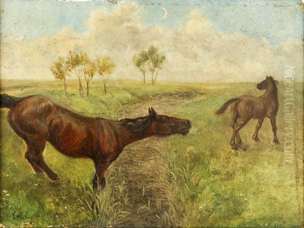 Twee paarden in de wei Oil Painting by Mozes Cohen