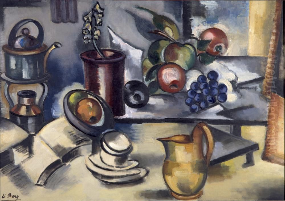 Stilleven met theeservies en fruit) Oil Painting by Else Berg