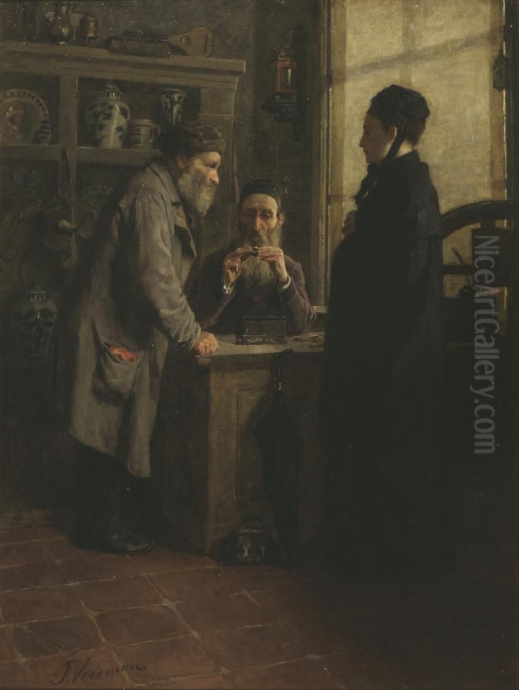 Bij den antiquair [Een weduwe bij den uitdrager Oil Painting by Jan Voerman