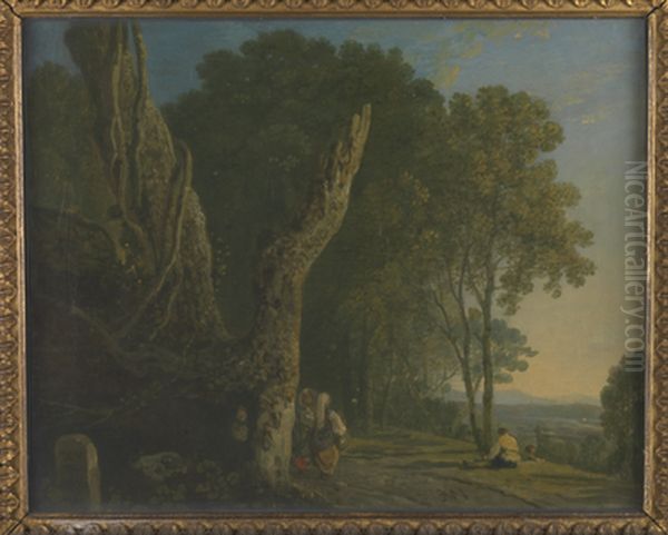 Wooded hill with two gypsy women on a road. Oil Painting by Richard Wilson