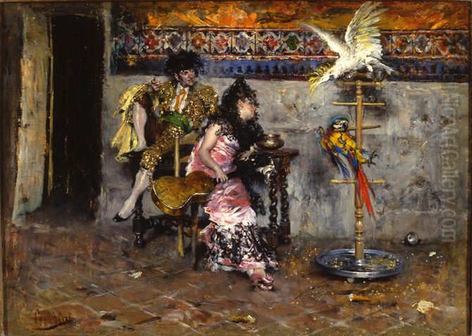 Coppia in abito Spagnolo con pappagalli Oil Painting by Giovanni Boldini