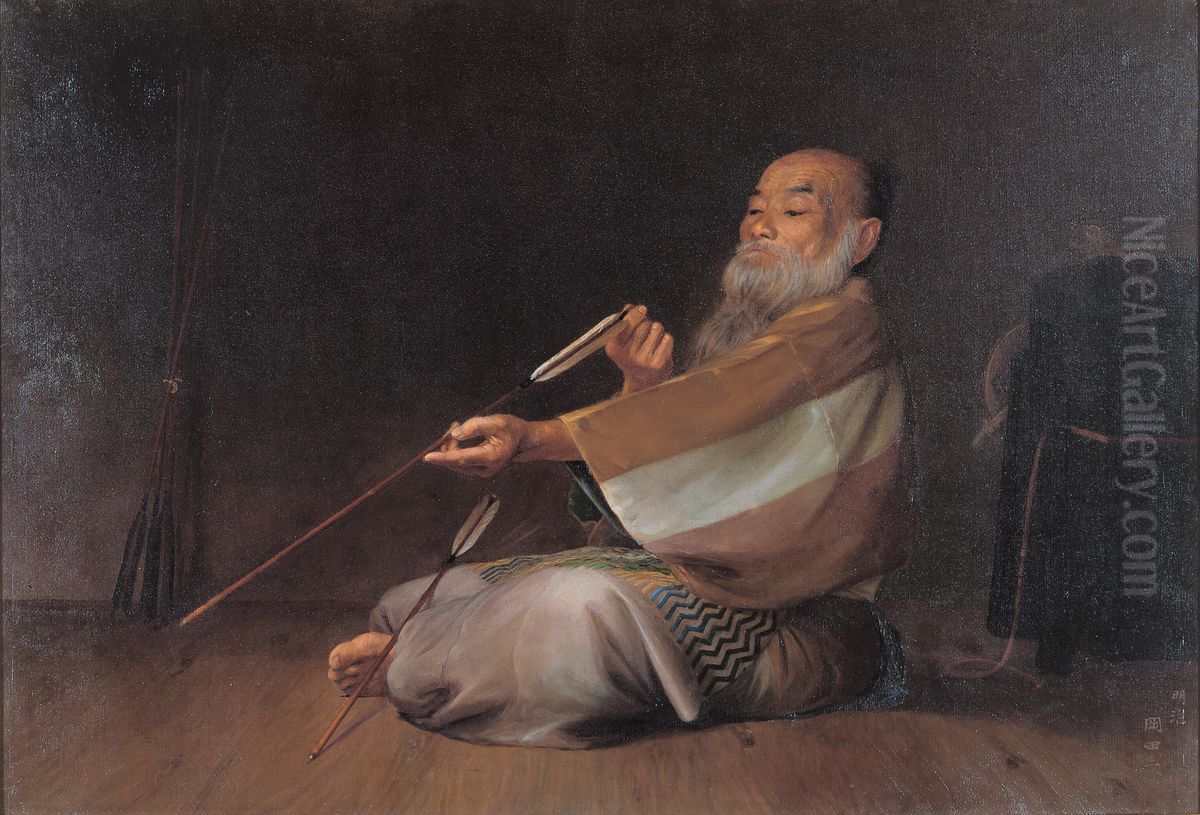 Examining an Arrow Oil Painting by Okada Saburosuke