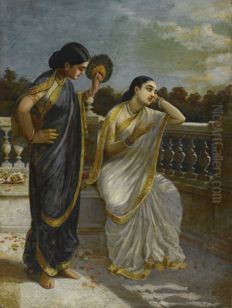 Ladies in the Moonlight Oil Painting by Raja Ravi Varma
