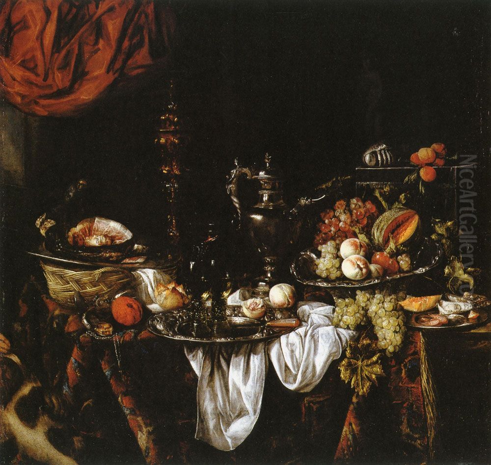 Still life on a draped table with a sculpture of Venus in a niche behind a curtain Oil Painting by Abraham Van Beijeren