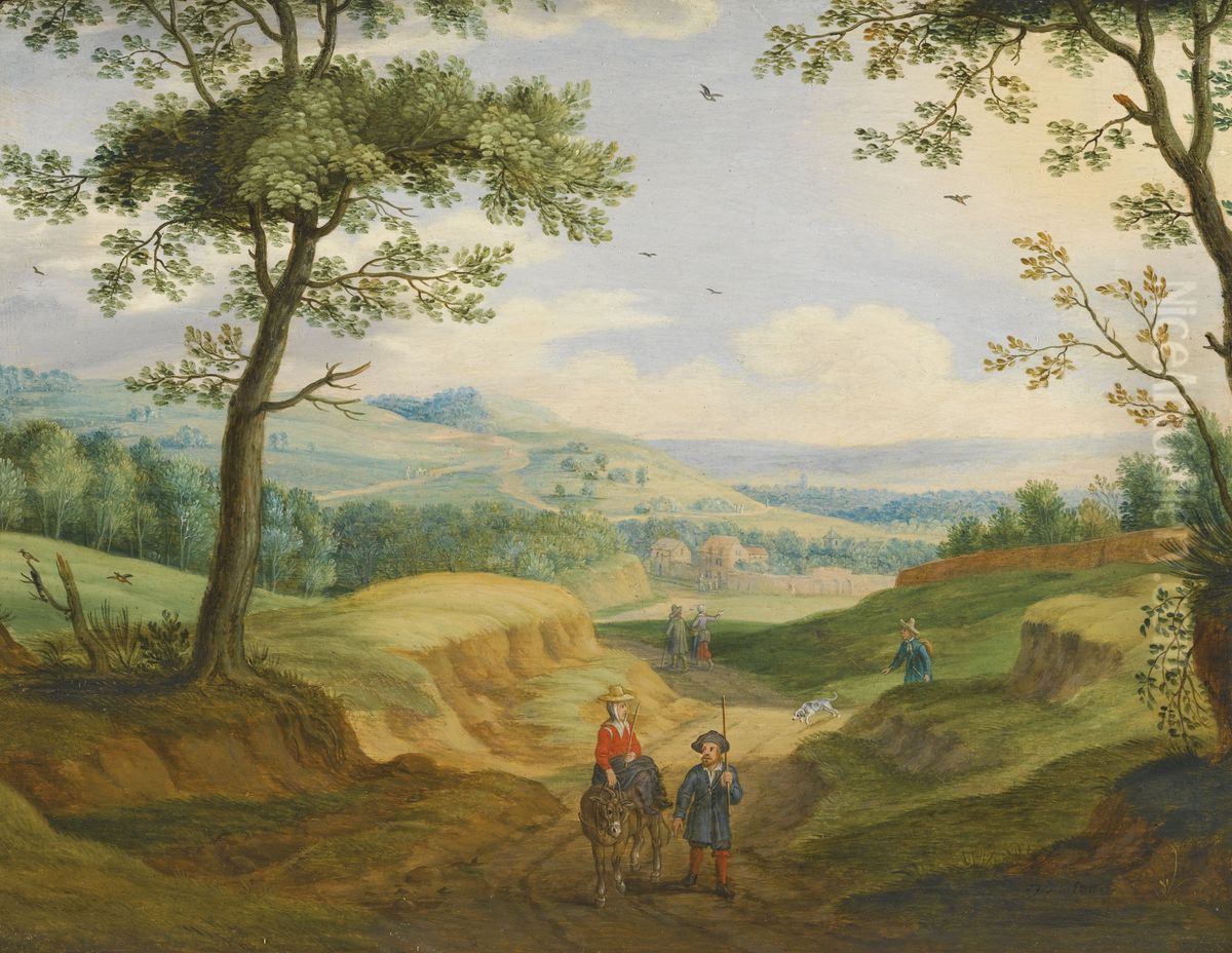 An Extensive Landscape with Travellers on a Road Oil Painting by Izaak van Oosten