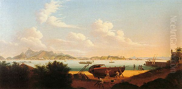 Fixing a Boat. Villegagnon Island - Guanabara Bay Oil Painting by Felix Taunay, Baron of Taunay