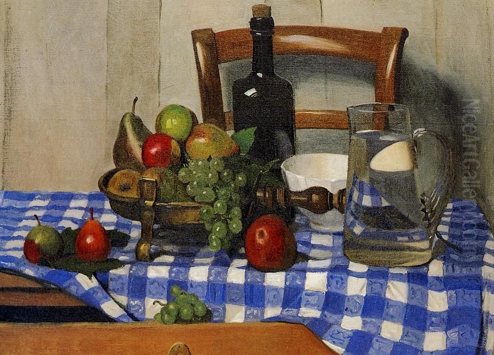 Nature morte avec nappe a carreaux bleus Oil Painting by Felix Vallotton