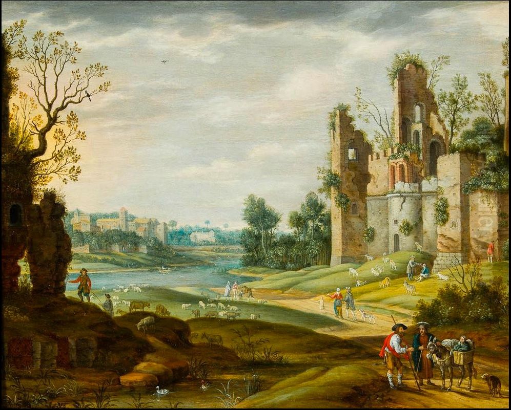River Landscape with Cattle and Travellers, a Ruin at the right and a View of a Town beyond Oil Painting by Izaak van Oosten