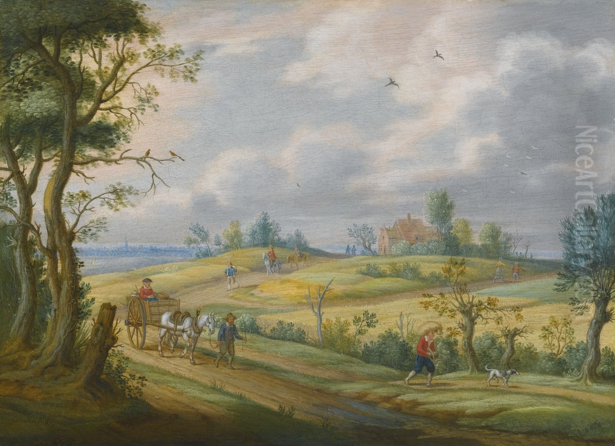 Summer Landscape with a Horse and Cart and Other Figures on a Path Oil Painting by Izaak van Oosten