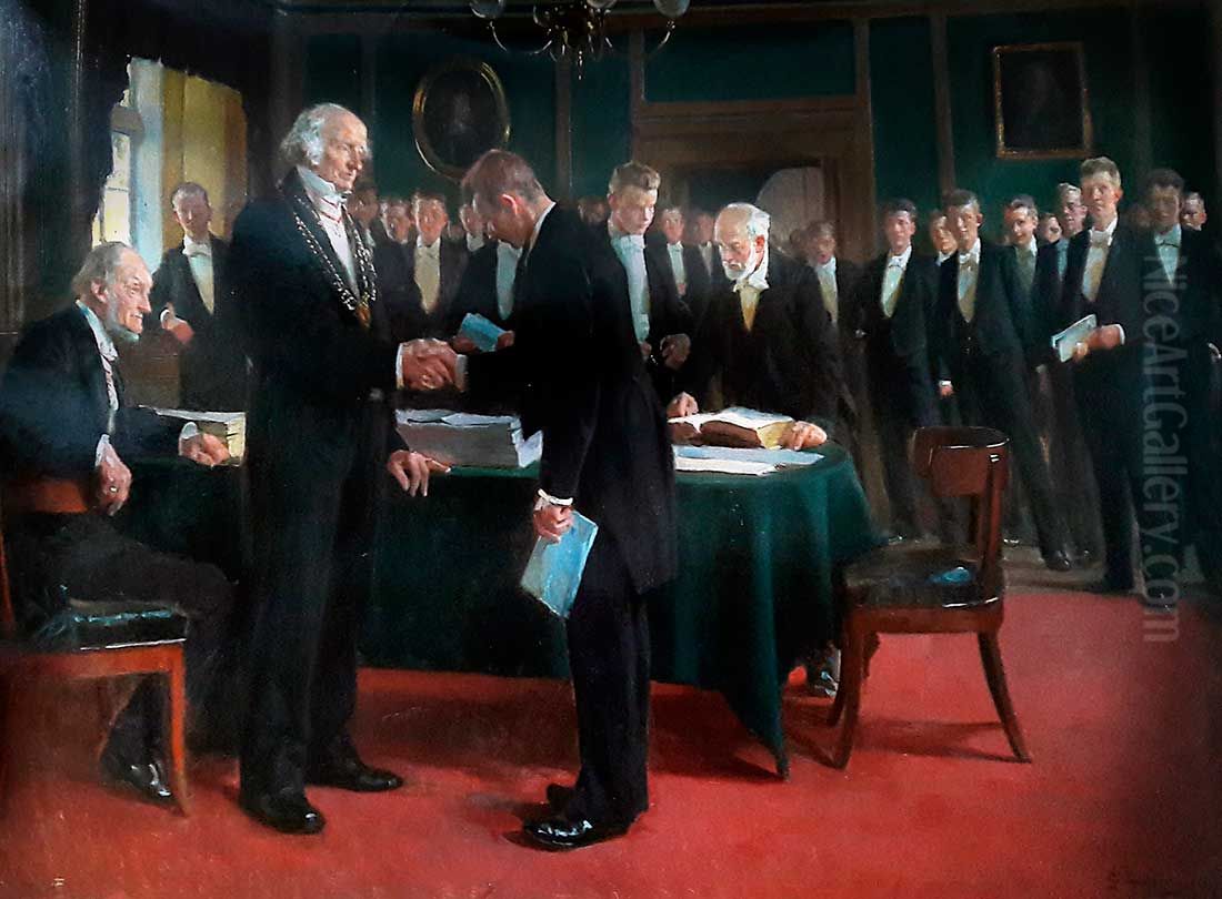 J.N. Madvig overraekker som Rector magnificus de unge Studenter deres akademiske Borgerbreve. Oil Painting by Erik Henningsen