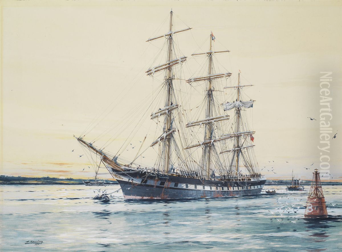 The square-rigged Australian windjammer and, later, celebrated sail training ship Illawarra lying on her mooring at sunset Oil Painting by Jack Spurling