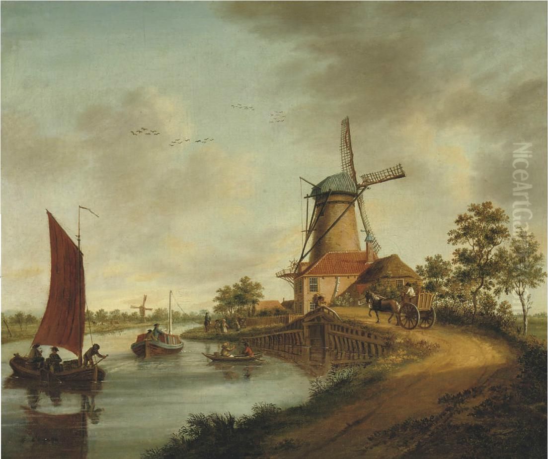 View of a trekschuit and windmill along the Vliet Oil Painting by Jacob Elias La Fargue