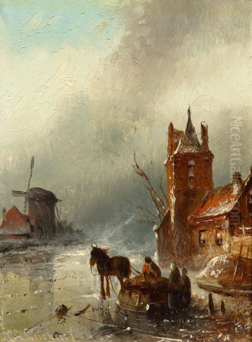 Horse-drawn sleigh on ice Oil Painting by Jan Jacob Coenraad Spohler