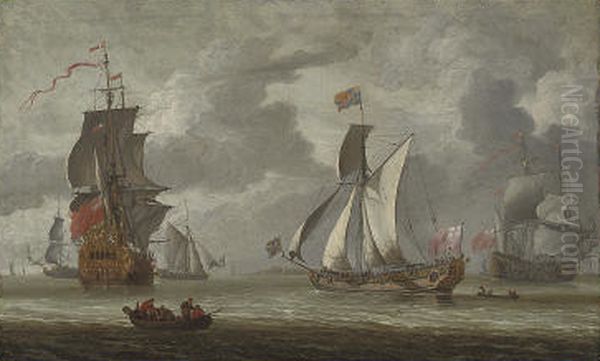 The Royal YachtCleveland, with King Charles II aboard, arriving to inspect the flagship at the Nore Oil Painting by Jacob Knijff