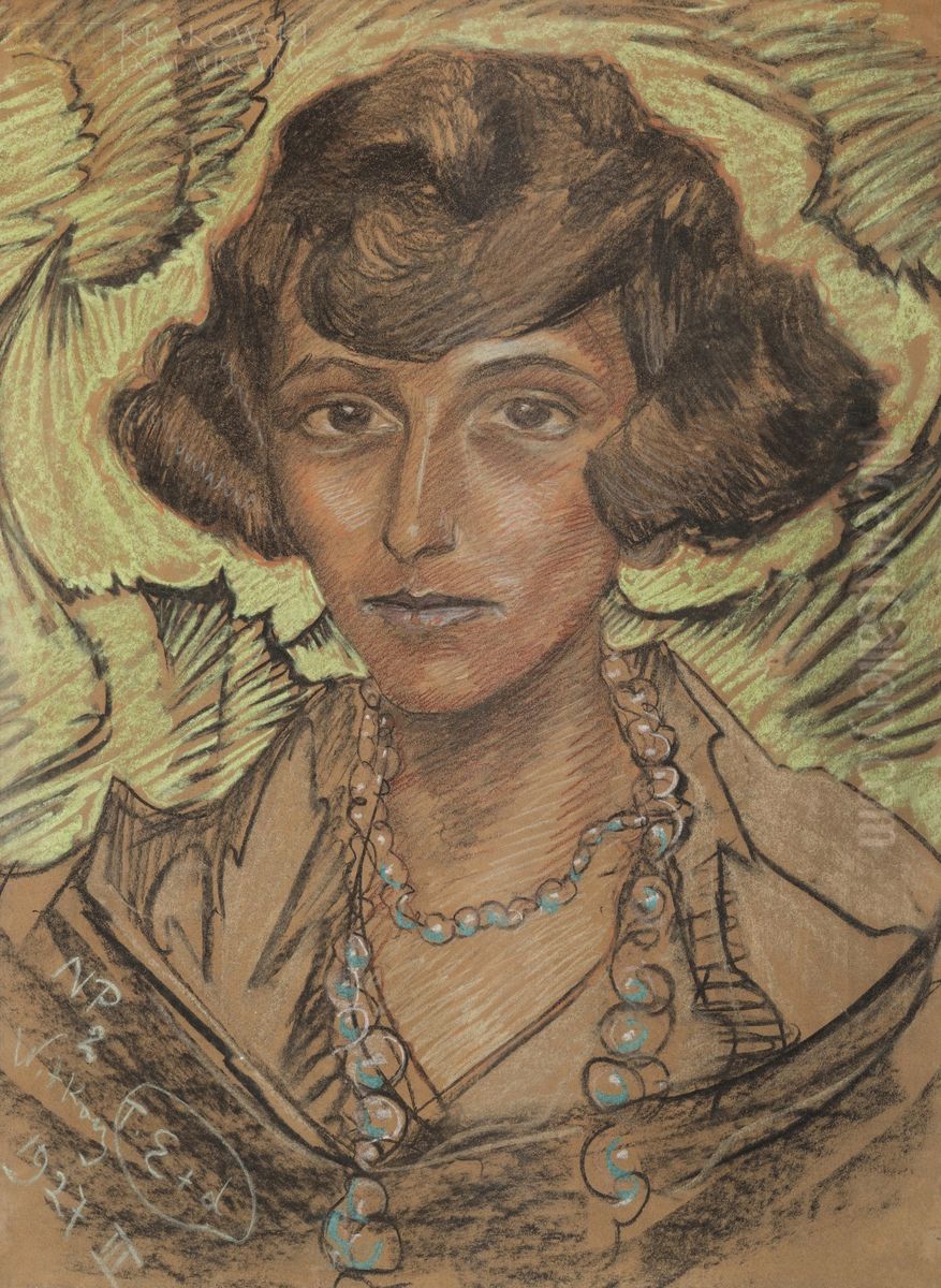 Portrait of a woman in blue neckless Oil Painting by Stanislaw Ignacy Witkiewicz (Witkacy)