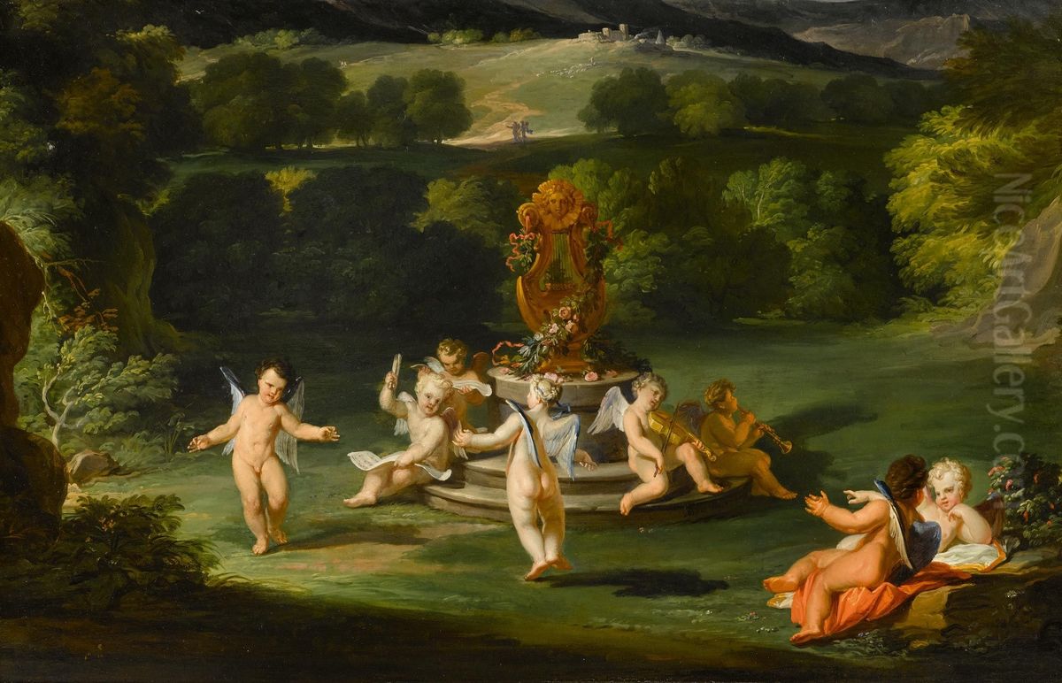 Musizierende Putten in einem Park Oil Painting by Johann Rudolf Huber