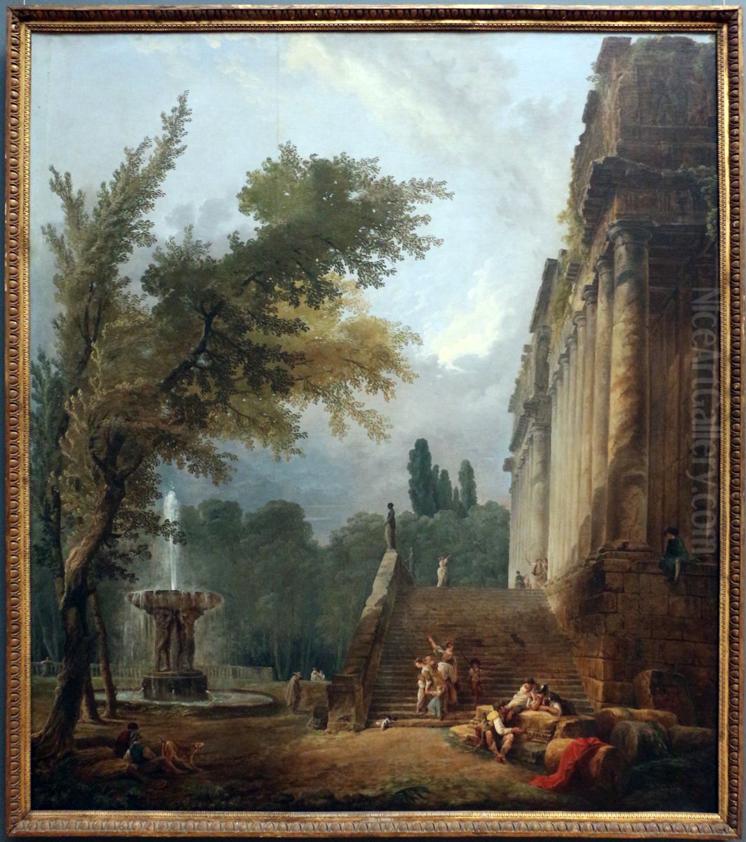 Fontain und Collonades in a Park Oil Painting by Hubert Robert