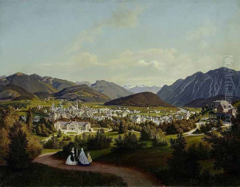Ischl, aufgenommen von dem Lusthaus im Garten der kaiserlichen Villa am Jainzen, im Norden der Stadt gelegen Oil Painting by Hubert Sattler