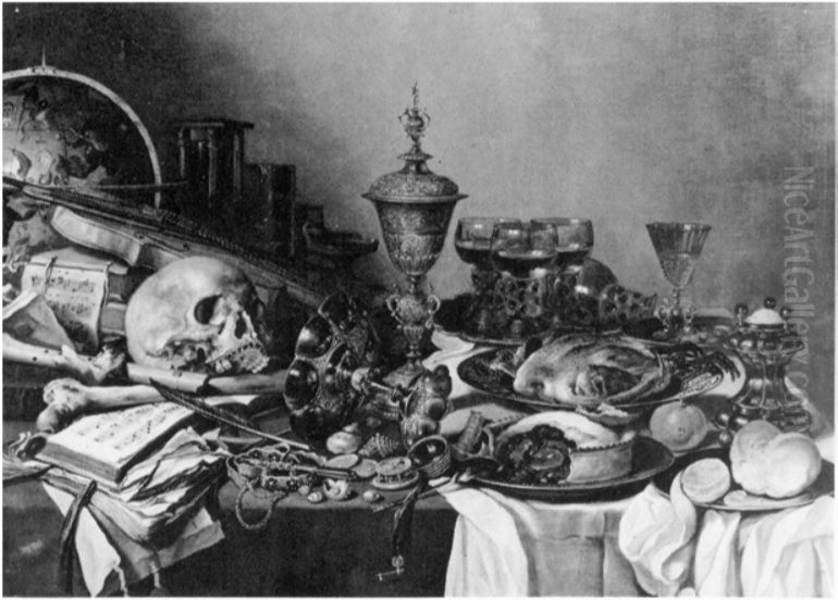 Still life with columbine cup, book, skull, globe, pie and other objects Oil Painting by Pieter Claesz