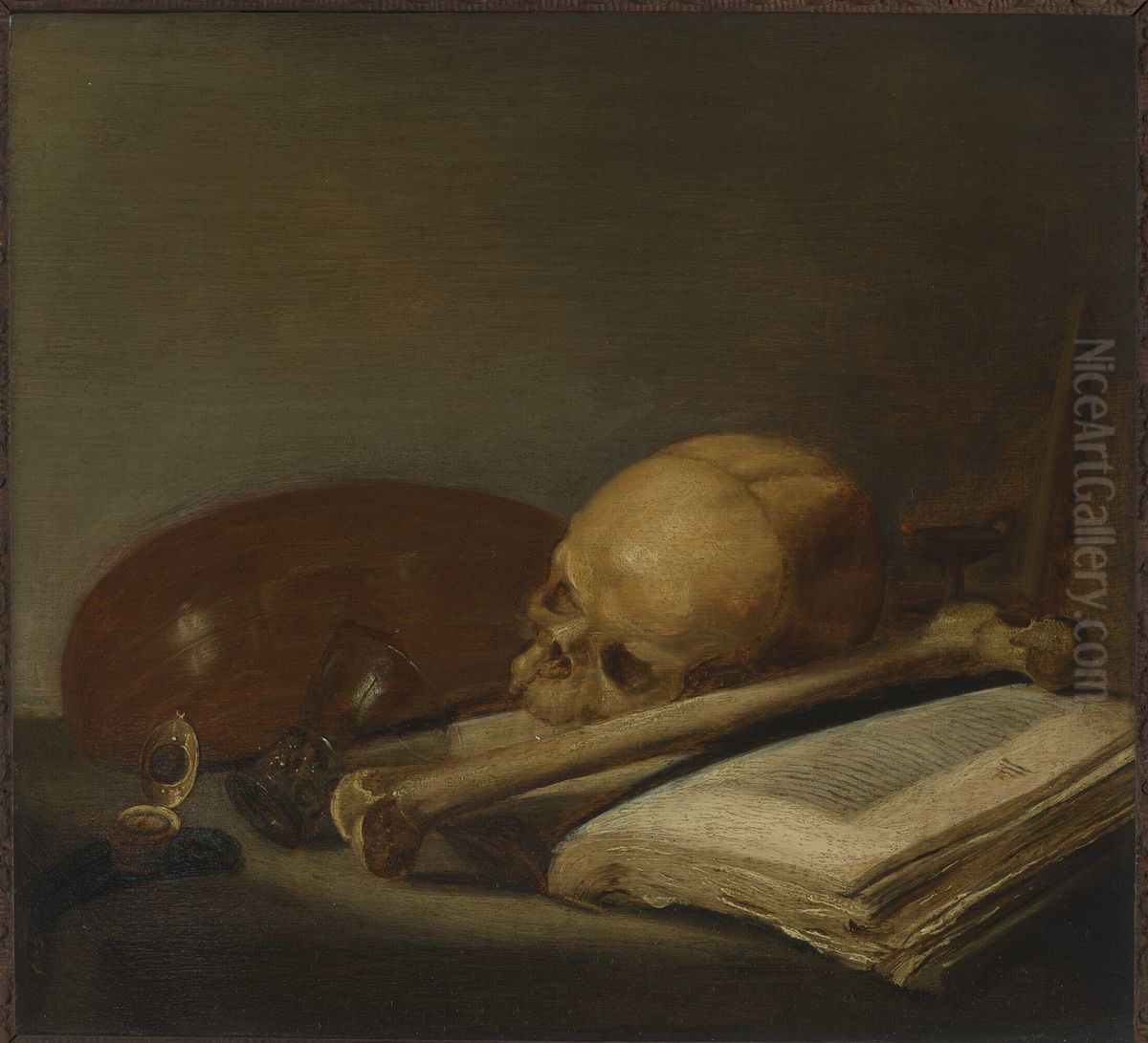 Still life with skull, bone, book, lute and watch on a ledge Oil Painting by Pieter Claesz