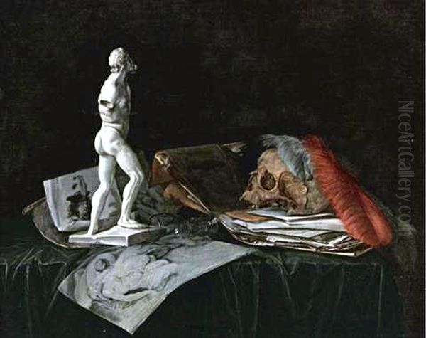 Vanitas with skull, feathers, roemer, sculpture, and drawings Oil Painting by Abraham Susenier