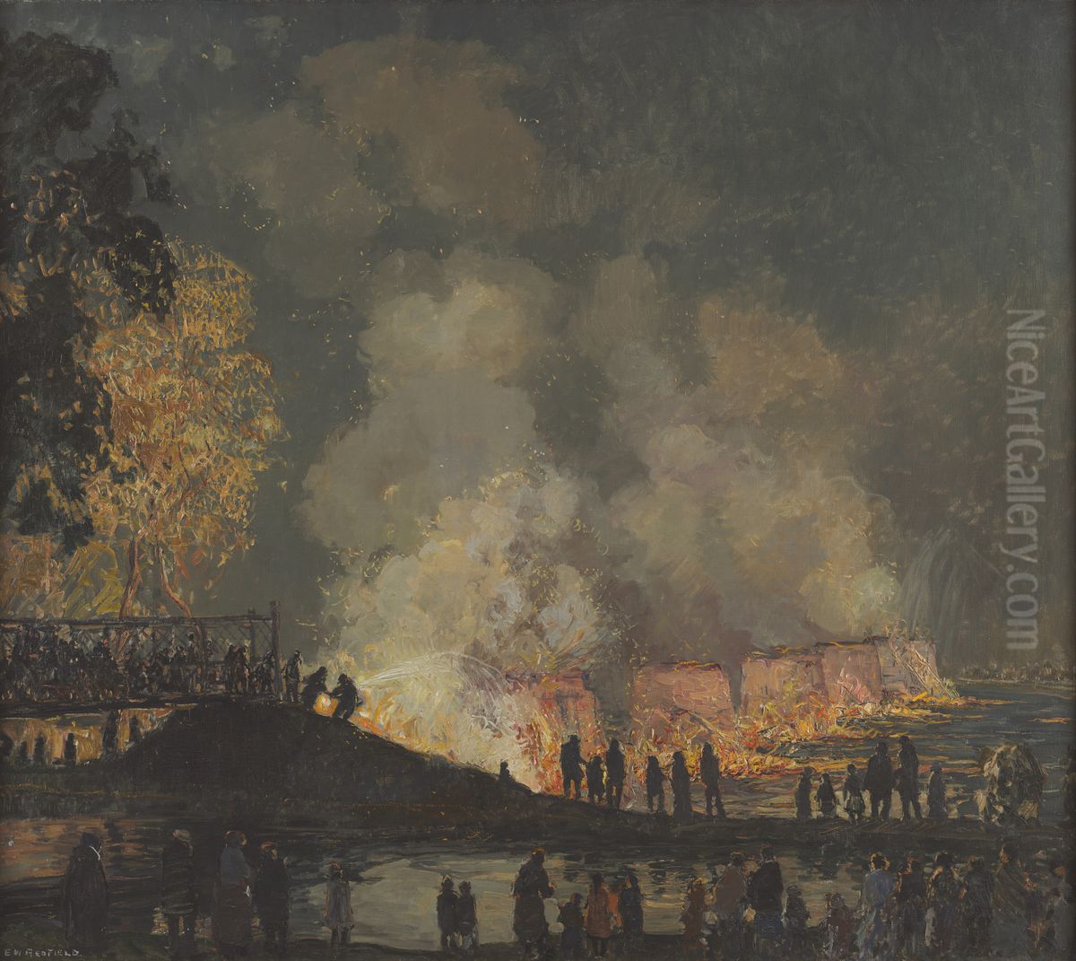 The Burning of Center Bridge Oil Painting by Edward Willis Redfield