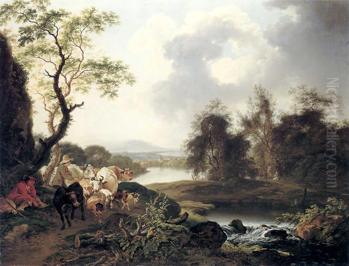 Flusslandschaft mit Wasserfall, rastendem Wanderer, Hirten mit Kuhen und Ziege sowie drei Reisenden Oil Painting by Ferdinand Kobell