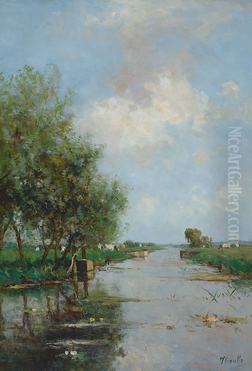 Koeien in een zomers polderlandschap Oil Painting by Victor Bauffe