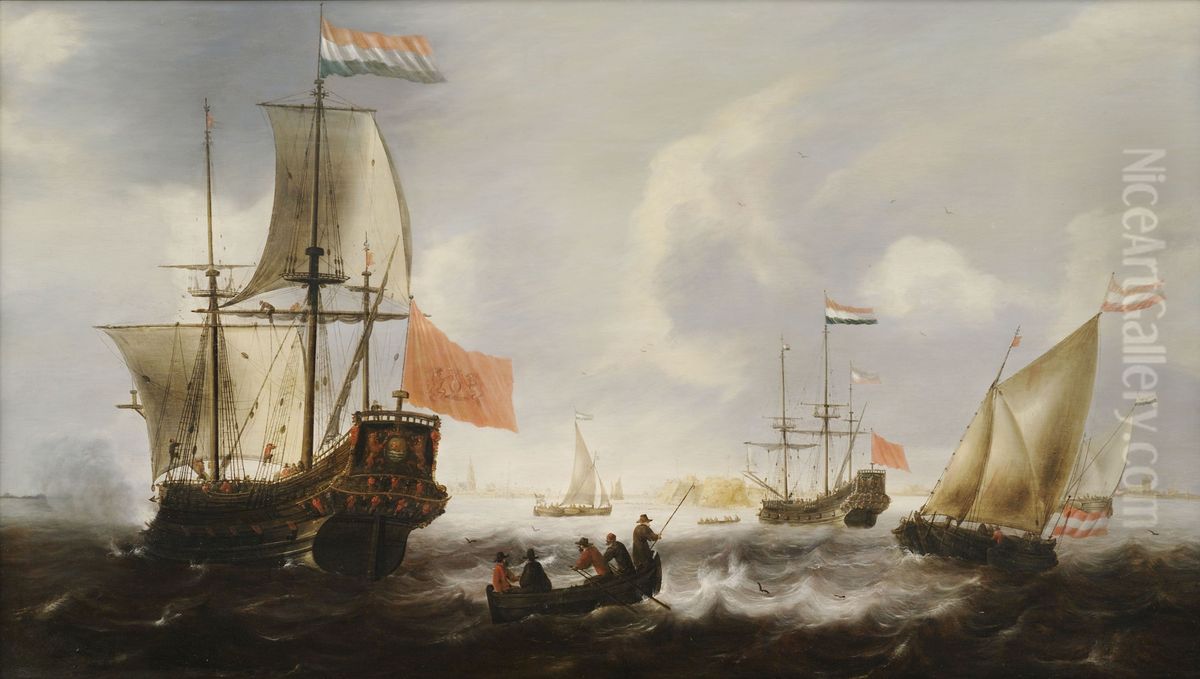 Hollandische Fregatten und Boote an der Kuste von Vlissingen Oil Painting by Jacob Adriaensz Bellevois