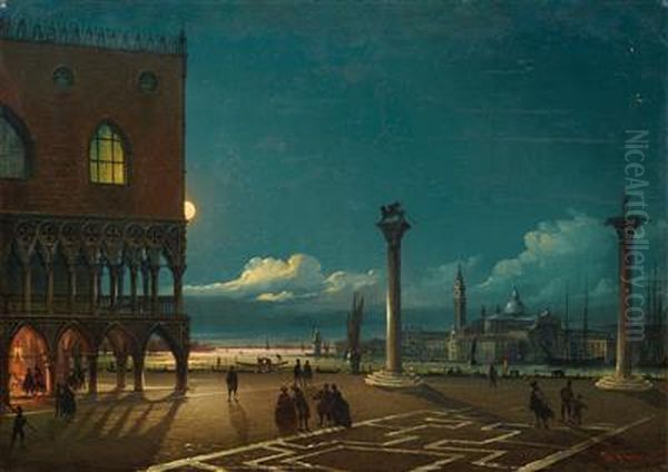 Piazza San Marco by moonlight, Venice, Oil Painting by Giovanni Grubacs