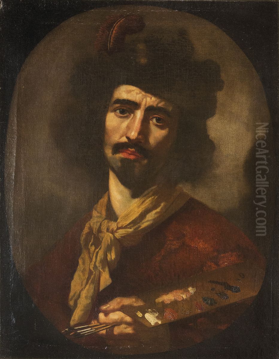 Self-portrait with palette Oil Painting by Paolo Domenico Finoglia