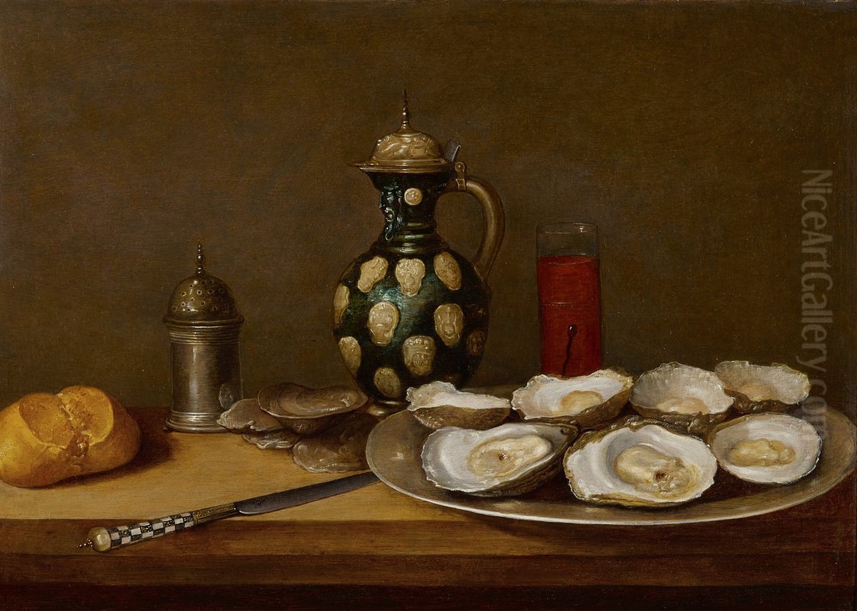 Still life with oysters, bread, a knife, drinking vessels and a caster Oil Painting by Alexander Adriaenssen